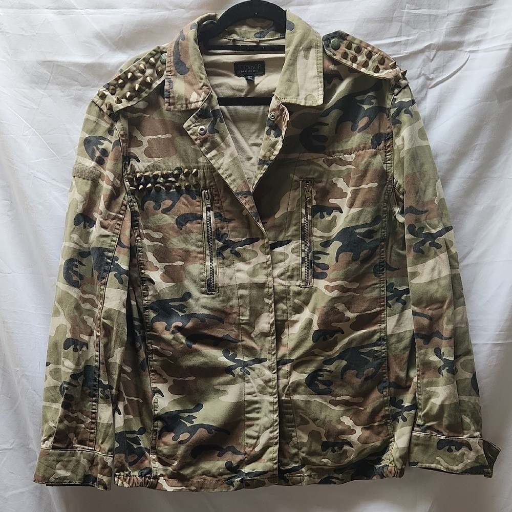Topshop Camo Utility Jacket Studded Military Field Coat Green Brown US 8